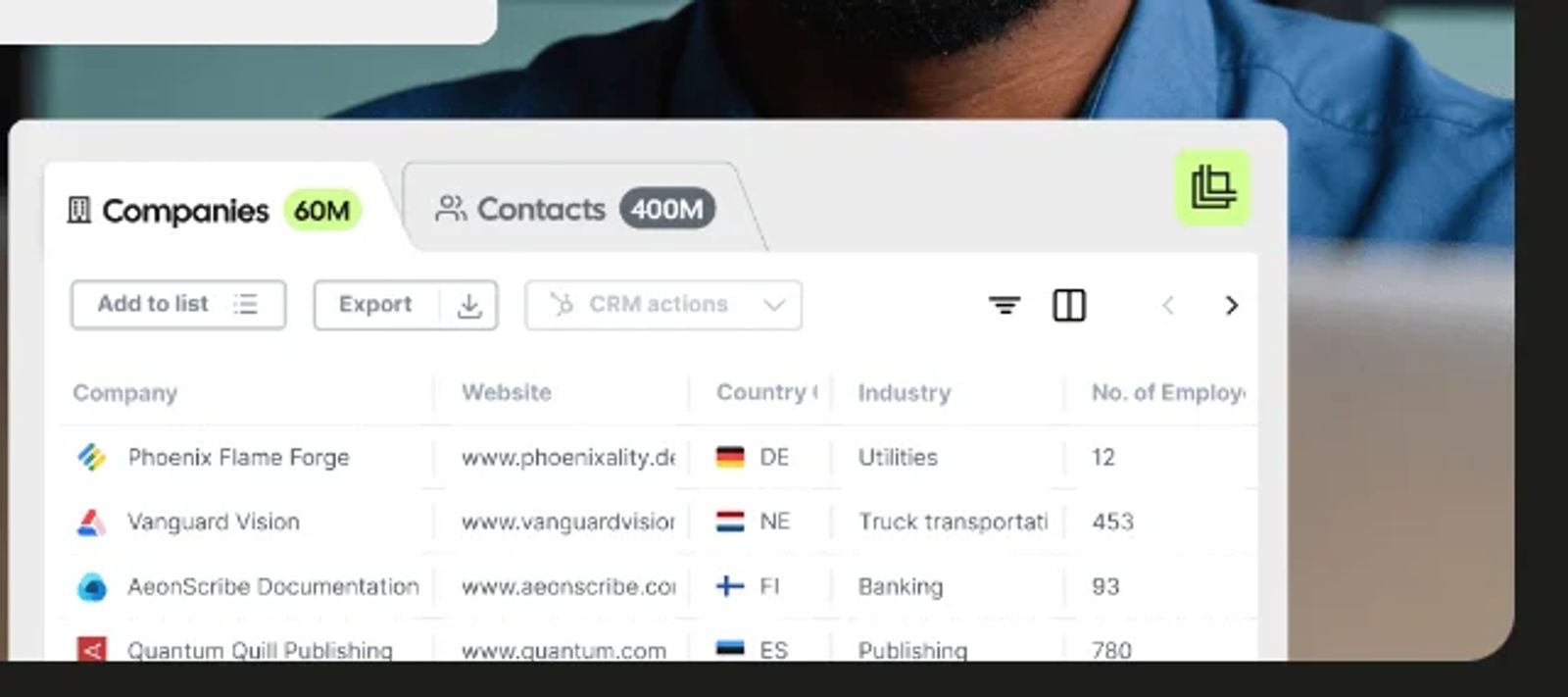 Leadfeeder company table with list, export and CRM actions.