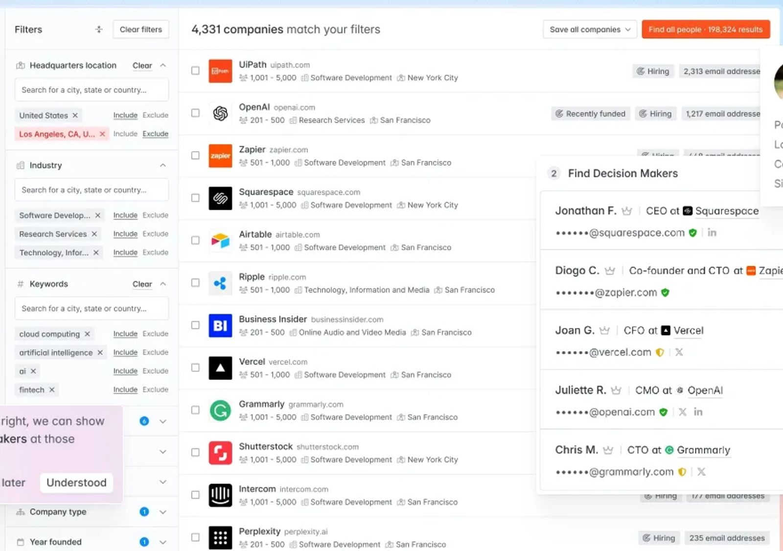 Hunter company search with filters and a panel of decision makers