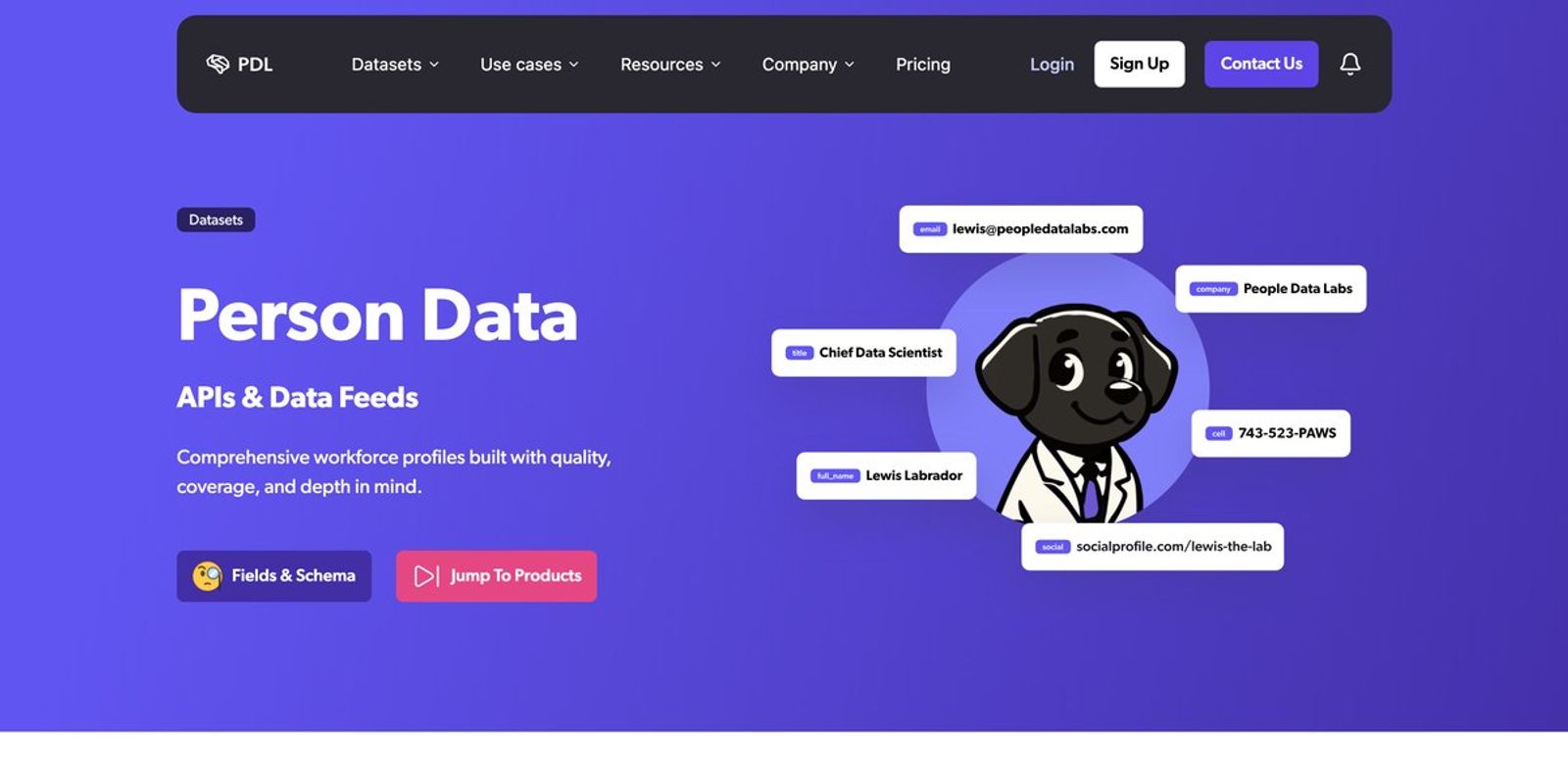 People Data Labs' Person Data page describes APIs and data feeds for workforce profiles, beside a sample profile showing email, title, company and phone fields.