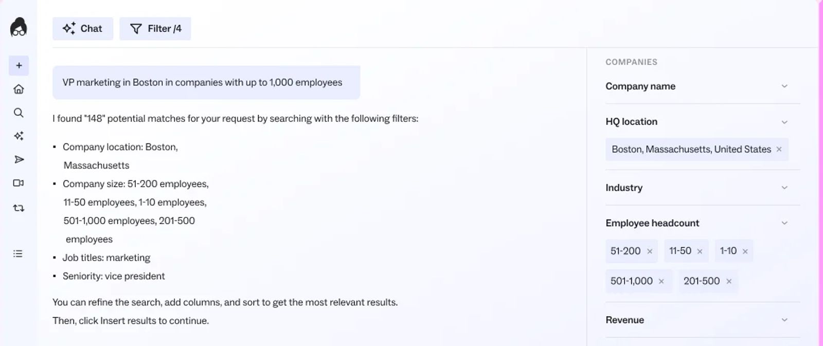 Lusha AI prospect search turning a request into filters.