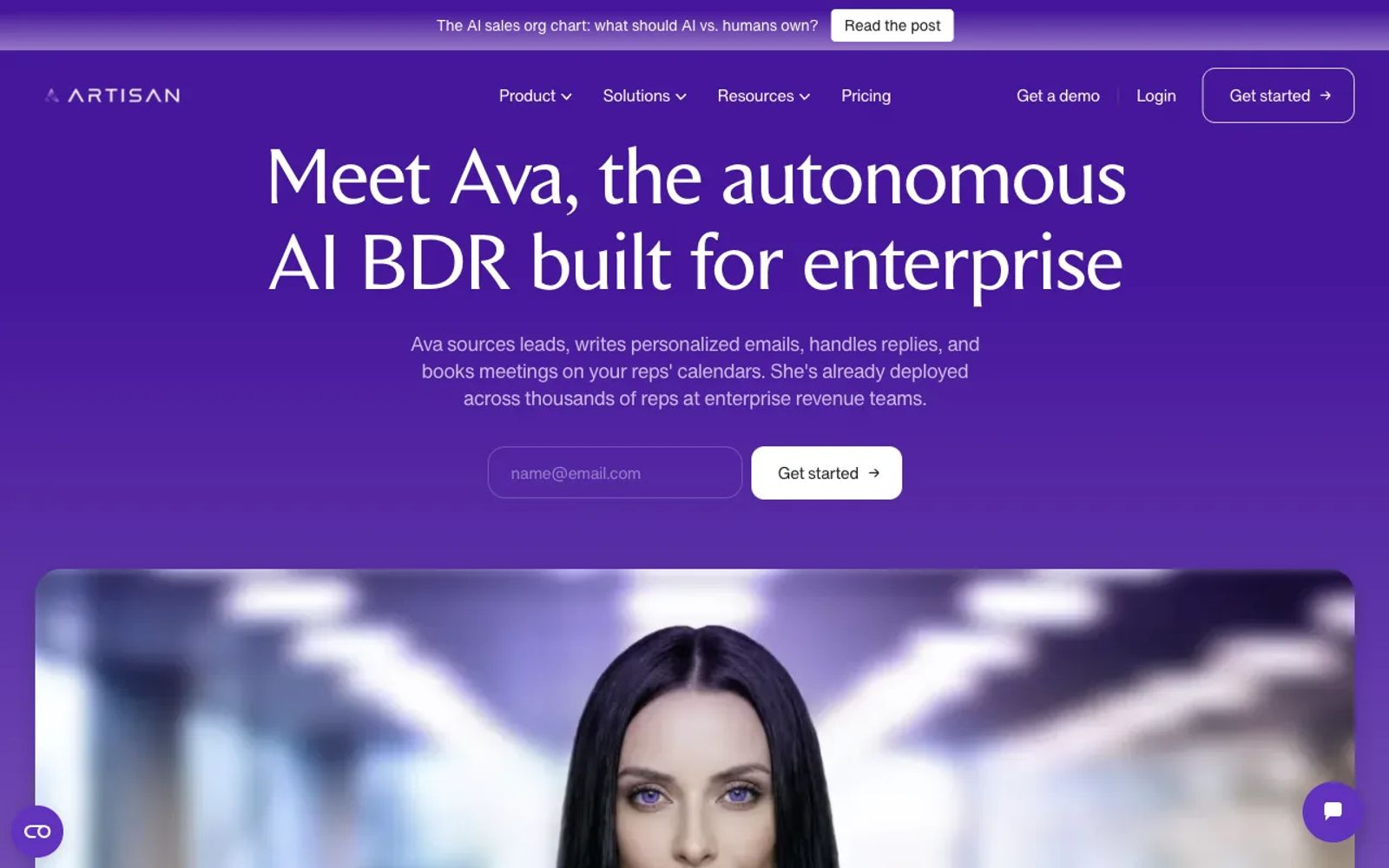 Artisan's AI sales agent page, headlined "Meet Ava, the autonomous AI BDR built for enterprise."