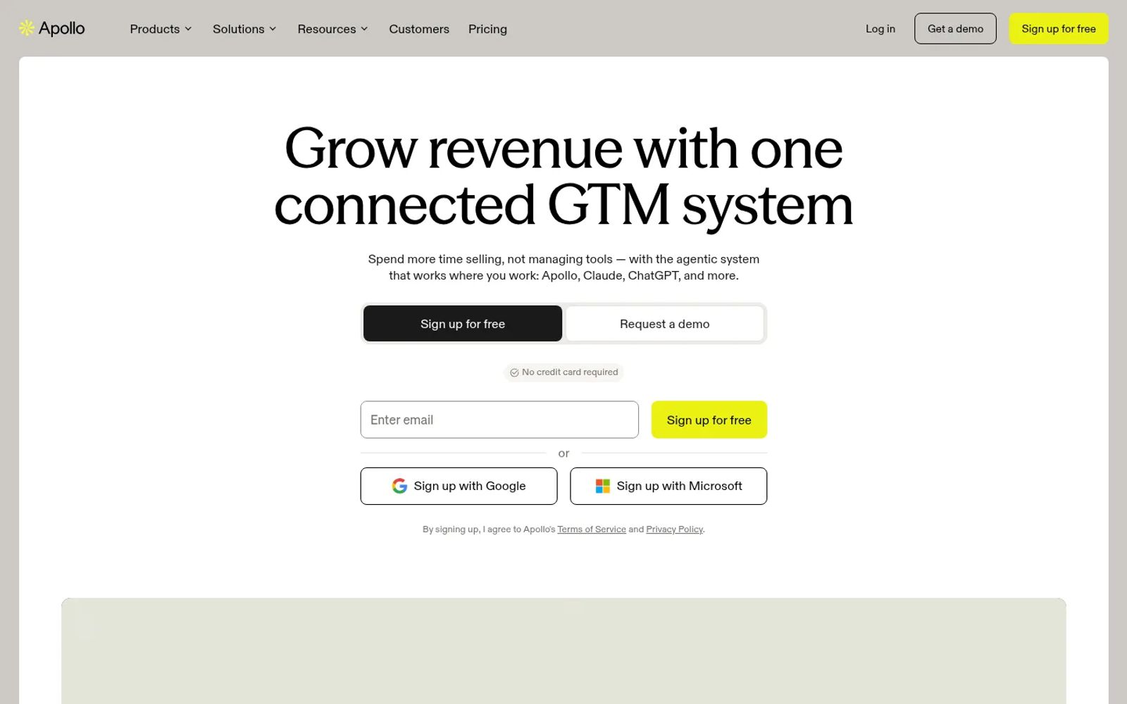 Apollo.io sign-up page with buttons to join by email, Google or Microsoft and a note that no credit card is needed