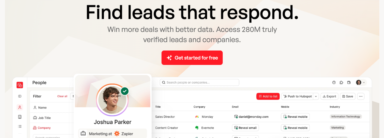 Prospeo's homepage, October 2026: "Find leads that respond", 280M verified leads and companies