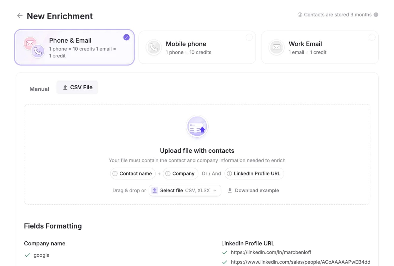 FullEnrich upload screen for CSV enrichment, with the CSV and XLSX upload box and the required contact name, company and LinkedIn URL fields