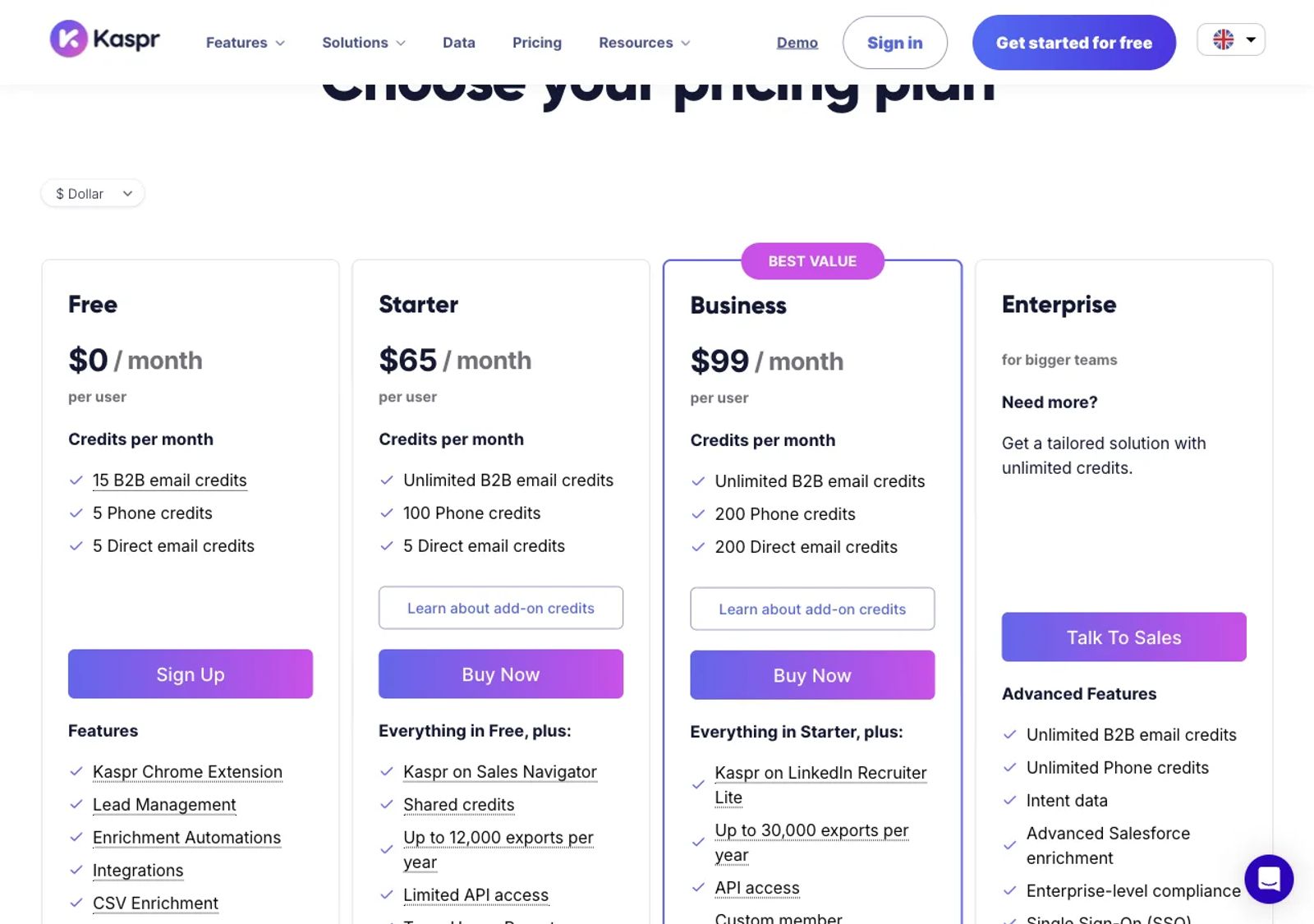 Kaspr pricing page in US dollars on monthly billing showing Free at $0, Starter at $65 and Business at $99 per user a month, plus an Enterprise plan.