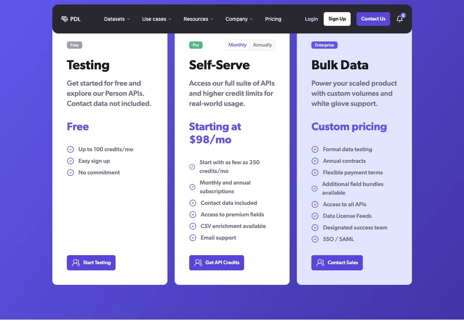People Data Labs pricing page showing a free Testing plan without contact data, a Pro Self-Serve plan starting at $98 a month, and Bulk Data at custom pricing.