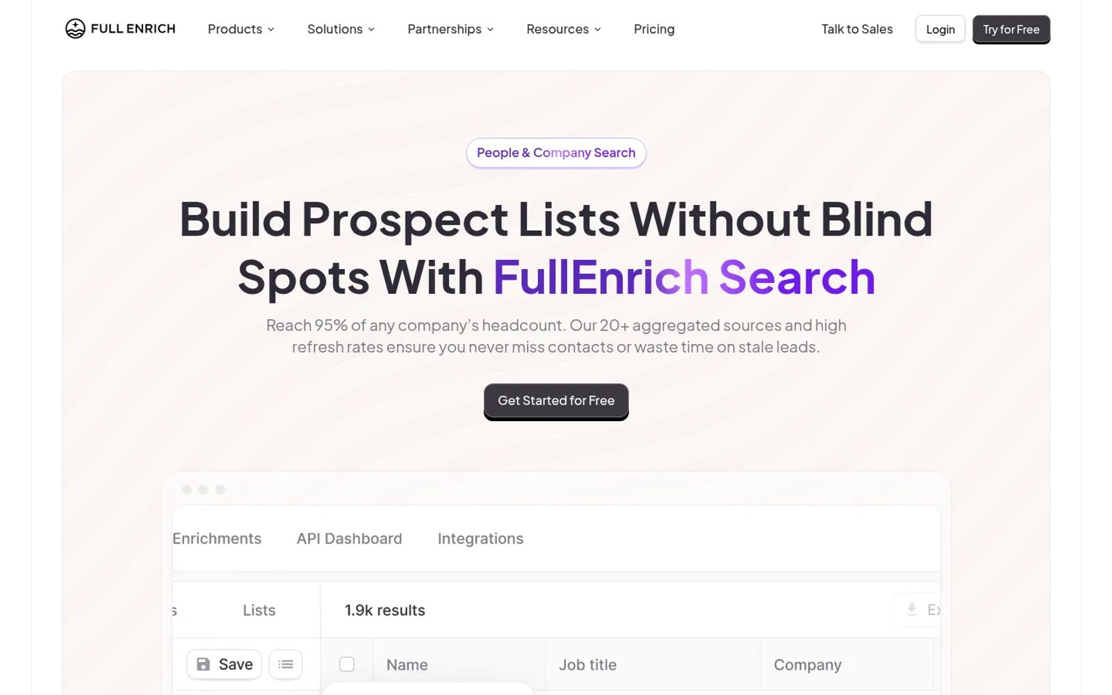 FullEnrich Search for building B2B prospect lists, with matching contacts listed by name, job title and company