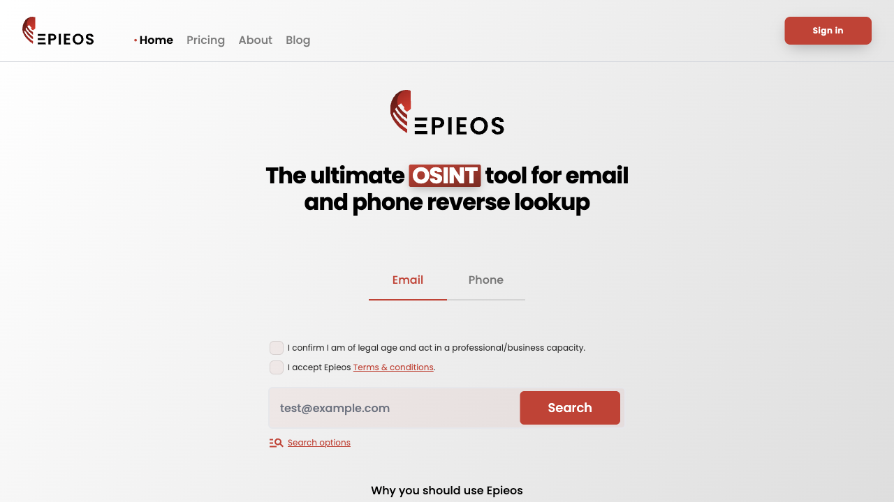 Screenshot of the EPIEOS homepage, showing an email and phone reverse lookup search box with checkboxes for legal age and terms acceptance.