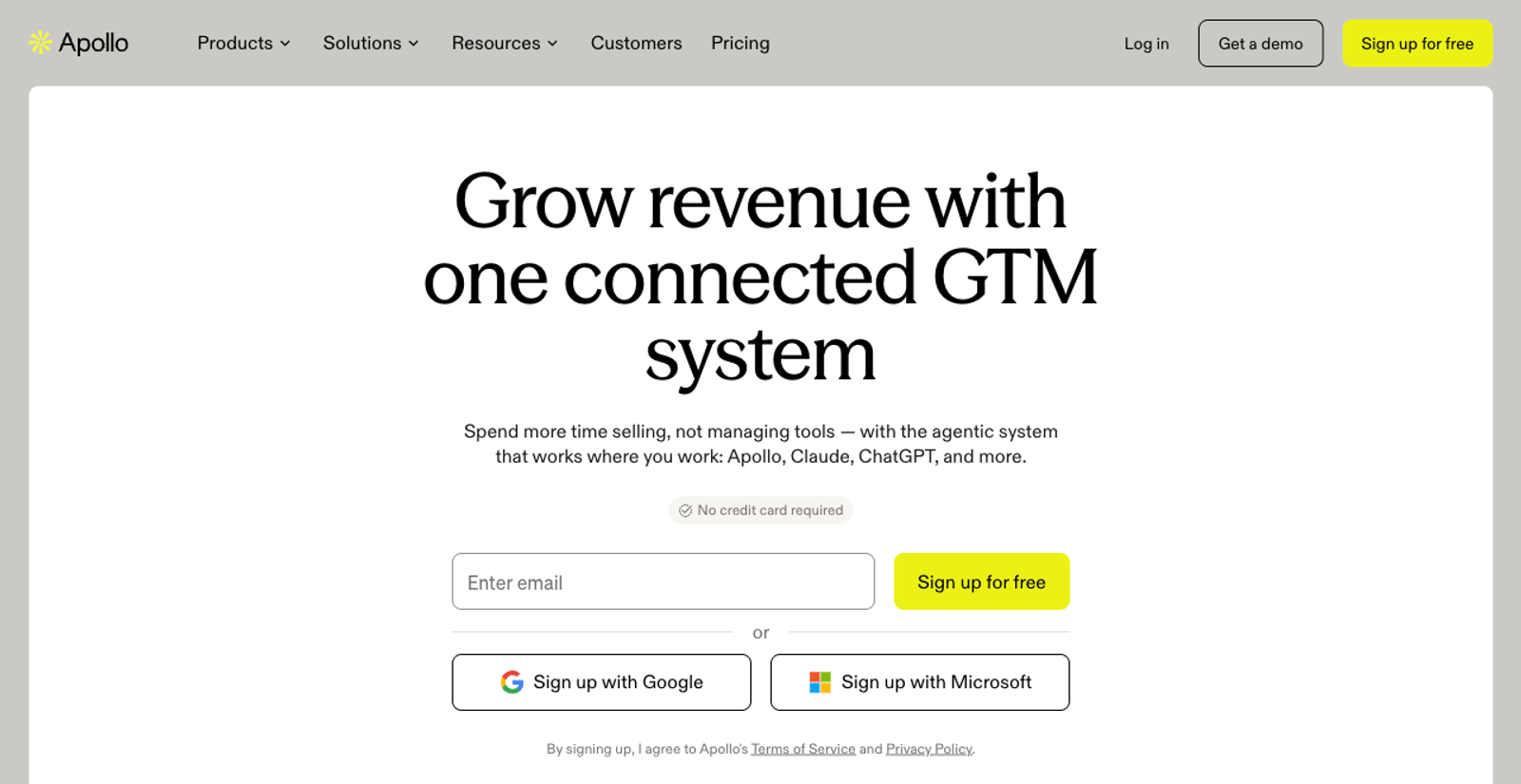 Apollo's homepage, October 2026: "Grow revenue with one connected GTM system"