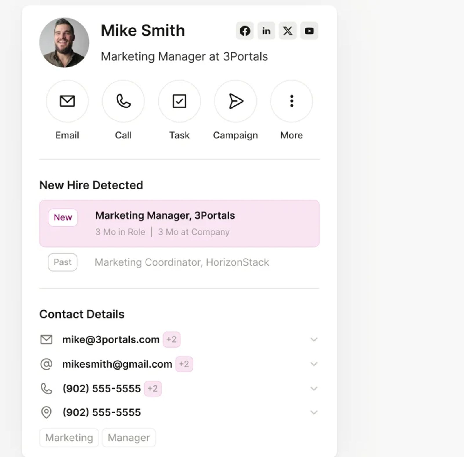 Seamless.AI contact card flagging a new hire.