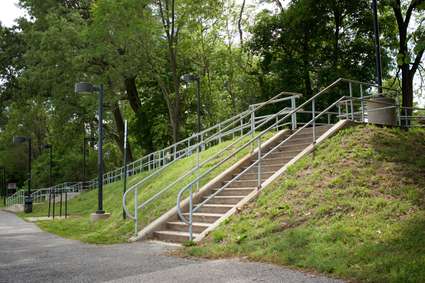 MTA Linthicum station stair and accessibility ramp detail on western side. Linthicum Heights, MD.