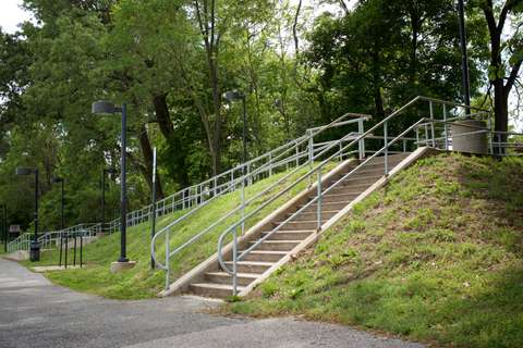 MTA Linthicum station stair and accessibility ramp detail on western side. Linthicum Heights, MD.