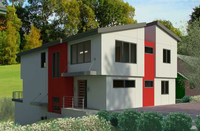 Pre-visualization showing entrance on side facade and street facade