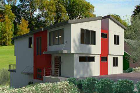 Pre-visualization showing entrance on side facade and street facade