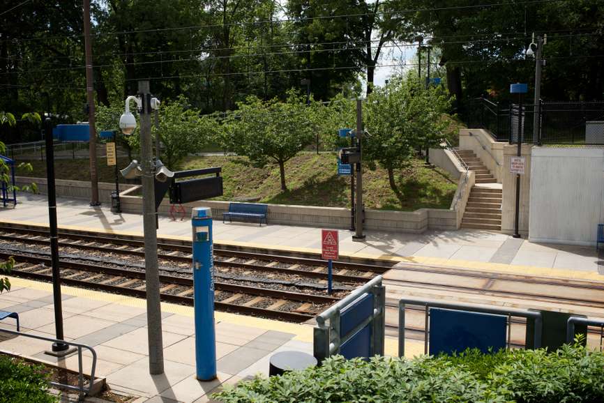 MTA Linthicum station view from above facing stair and retaining wall. Linthicum Heights, MD.