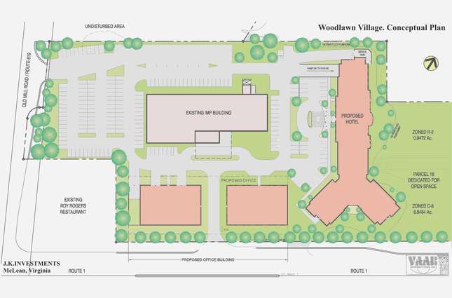 Woodlawn Village Conceptual Plan that would include the existing IMP Building as well as a proposed Marriott Hotel and two office buildings, Alexandria, VA