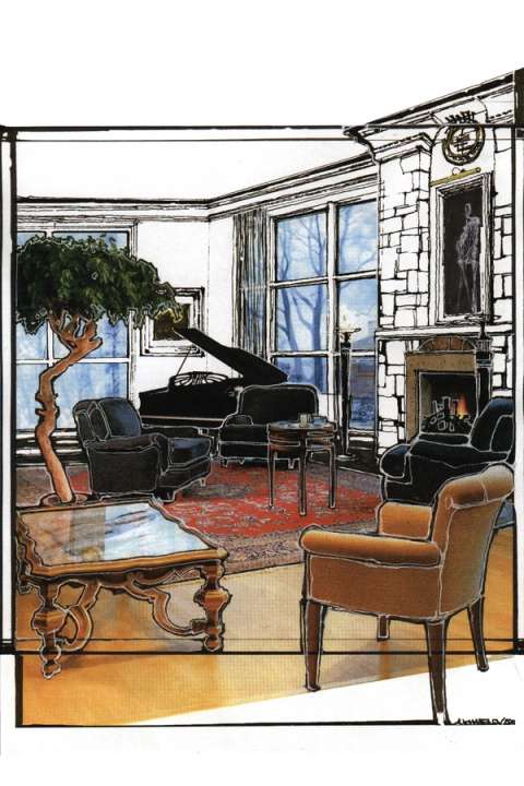Sketch of the Cascade Estates Recreation Center's multipurpose room with grand piano and fireplace