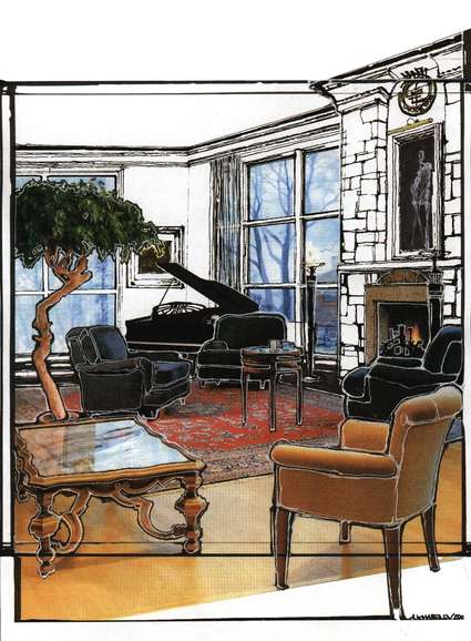Sketch of the Cascade Estates Recreation Center's multipurpose room with grand piano and fireplace