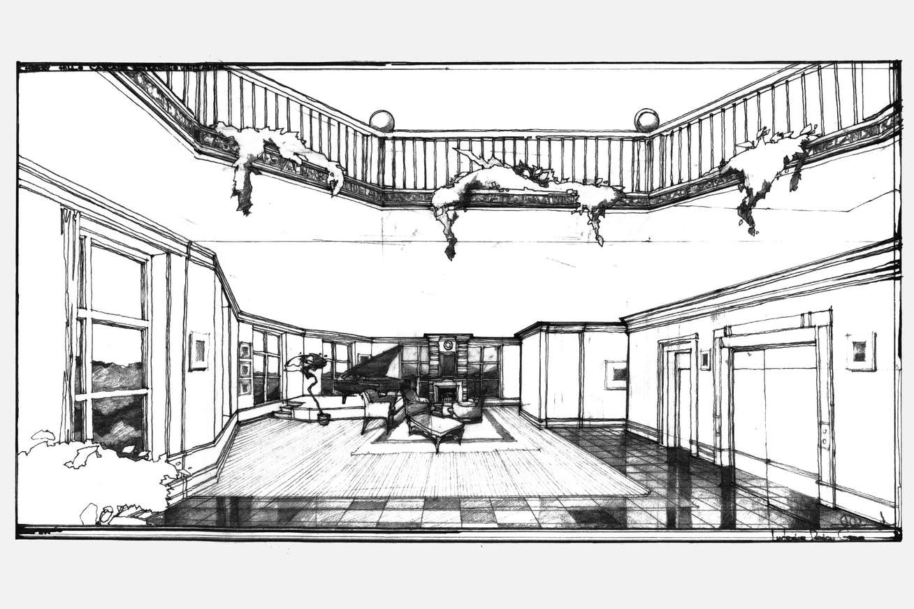 Sketch of the Cascade Estates Recreation Center's multipurpose room with grand piano and fireplace