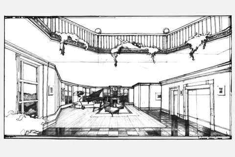 Sketch of the Cascade Estates Recreation Center's multipurpose room with grand piano and fireplace