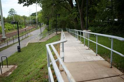 MTA Linthicum station accessibility ramp detail on western slope. Linthicum Heights, MD.