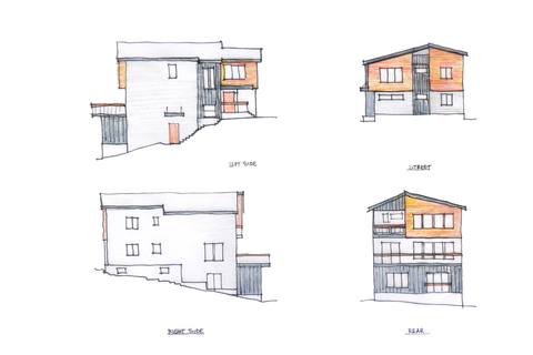 Music & Arts Atelier hand-drawn sketch featuring all four facades