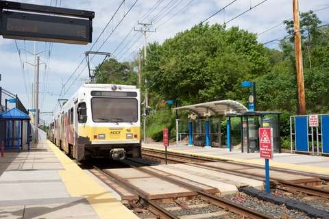 Train arriving at MTA Linthicum Light Rail station in Linthicum Heights, MD