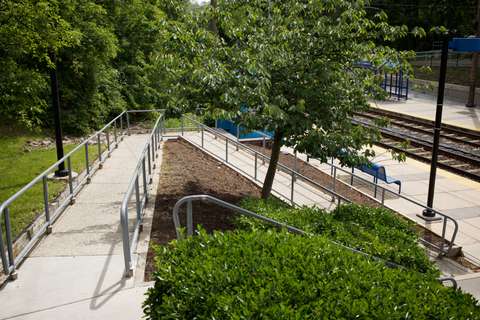 MTA Linthicum station accessibility ramp detail on eastern slope. Linthicum Heights, MD.