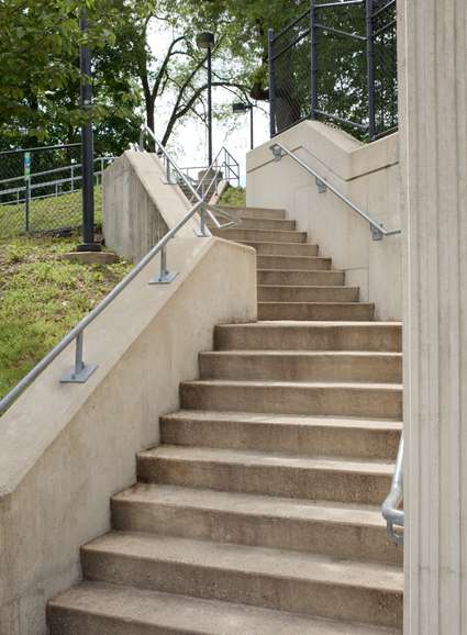 MTA Linthicum station stair detail with western retaining wall. Linthicum Heights, MD.