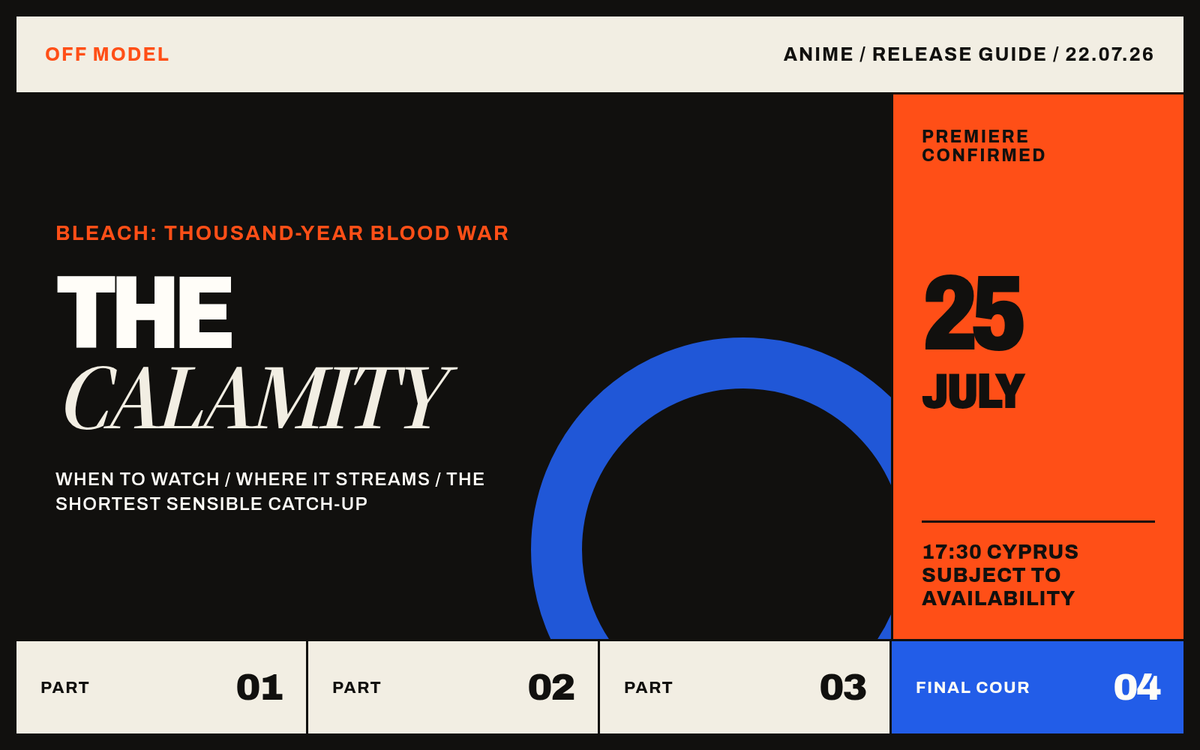 Typographic Off Model cover for Bleach: The Calamity, showing the 25 July premiere date and a four-part progress strip.