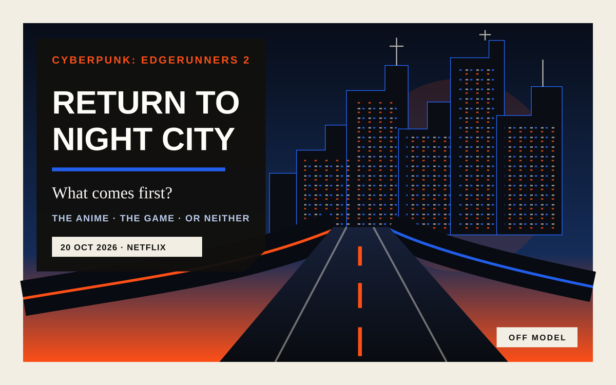 Original Off Model illustration of elevated roads converging on a dense Night City skyline beneath the words “Return to Night City”.