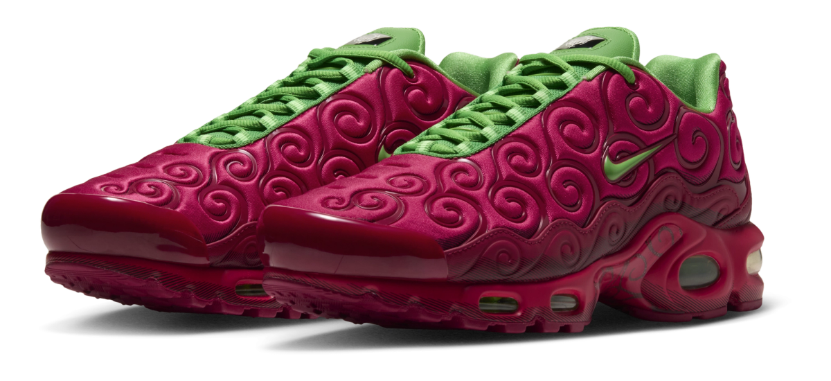 Deep pink Nike Air Max Plus SP Ope Ope shoes with bright green laces and raised swirling panels.