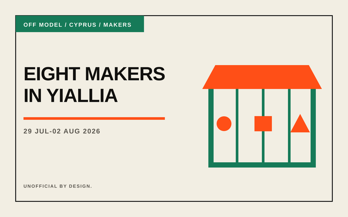 Off Model typographic event cover reading Eight Makers in Yiallia, with the dates 29 July to 2 August and abstract market stalls.