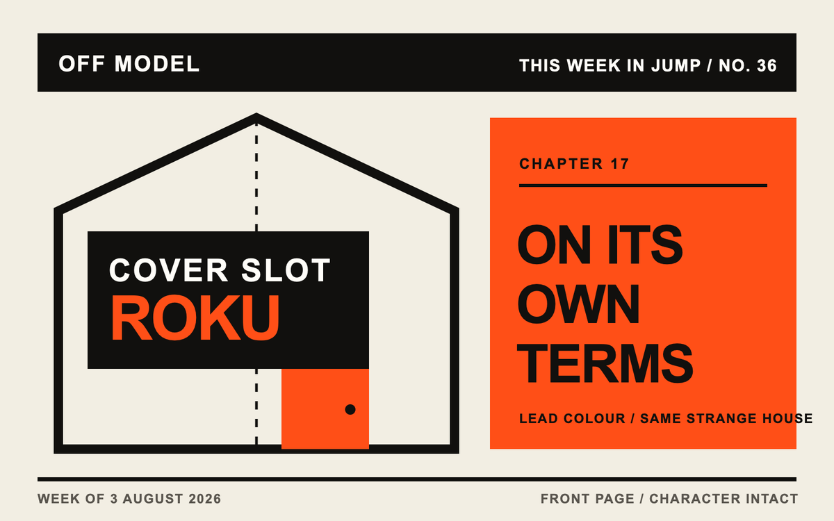 Typographic Off Model cover with an outlined house labelled Roku beside the words 'On its own terms'.
