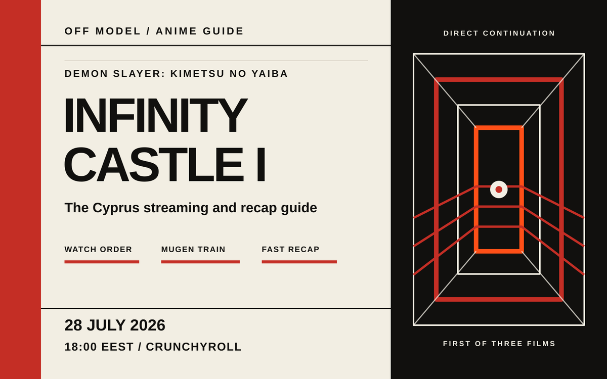 An editorial route graphic runs from viewing-order labels towards a black geometric castle, with the 28 July Cyprus streaming time marked below.