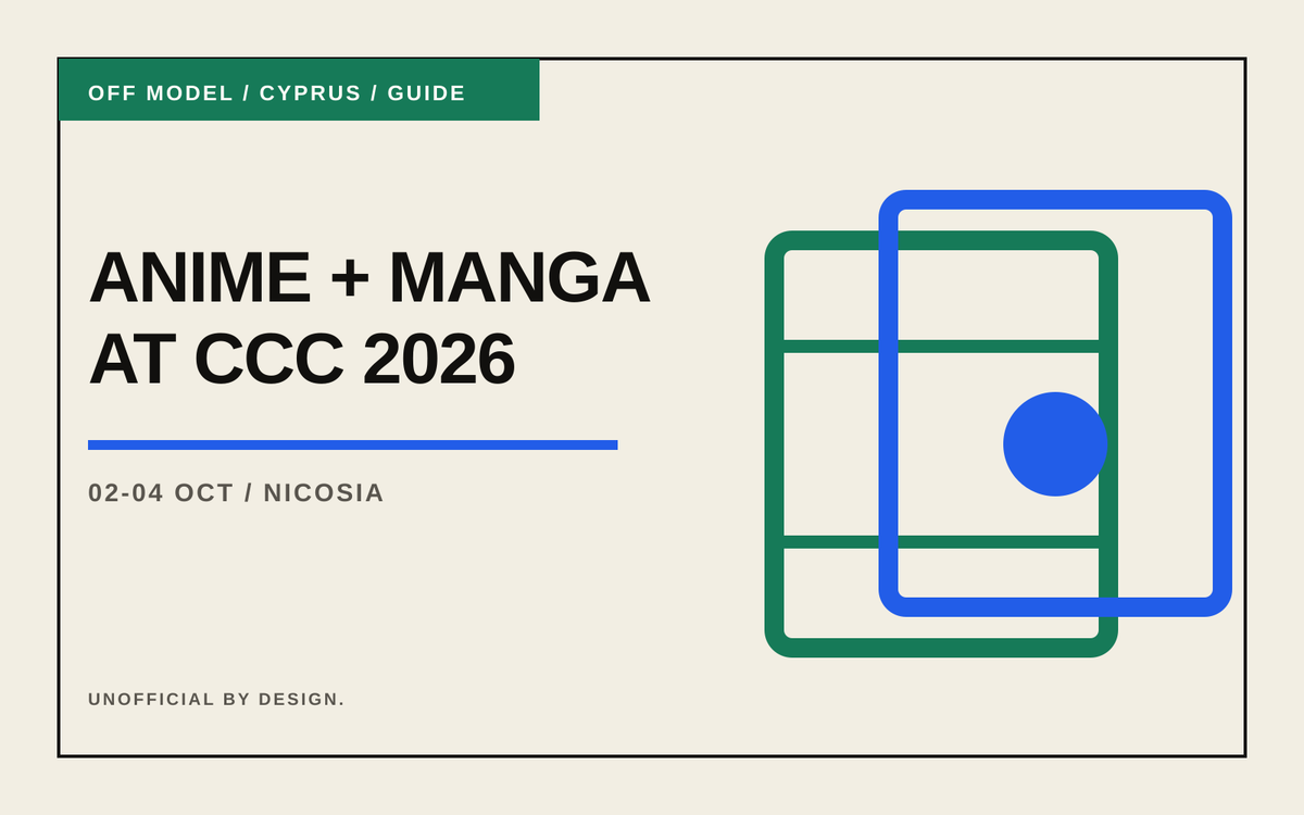 Off Model typographic guide cover reading Anime and Manga at CCC 2026, with the dates 2-4 October and an abstract pair of event tickets.