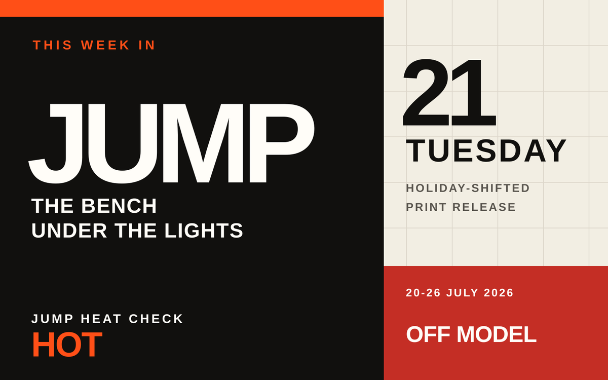 Typographic Off Model cover reading This Week in Jump, Jump Heat Check Hot, and 21 Tuesday in black, red and orange blocks.