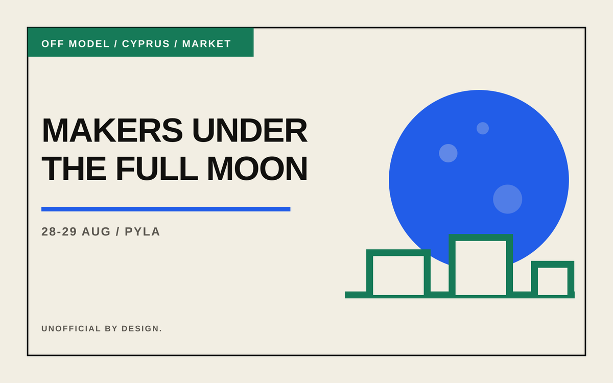 Off Model typographic event cover reading Makers Under the Full Moon, with the dates 28-29 August and abstract moonlit market stalls.