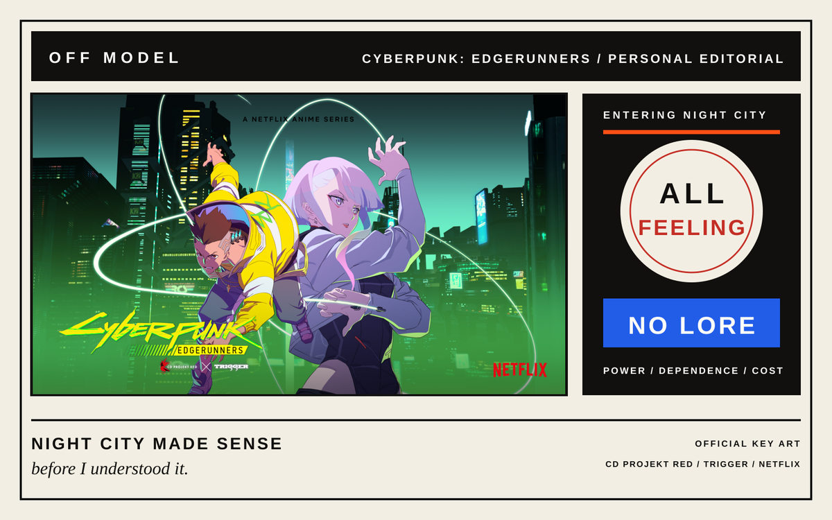 Off Model editorial cover framing the complete official Cyberpunk: Edgerunners key art of David Martinez and Lucy beside a moon motif labelled 'All Feeling' and a blue 'No Lore' panel.