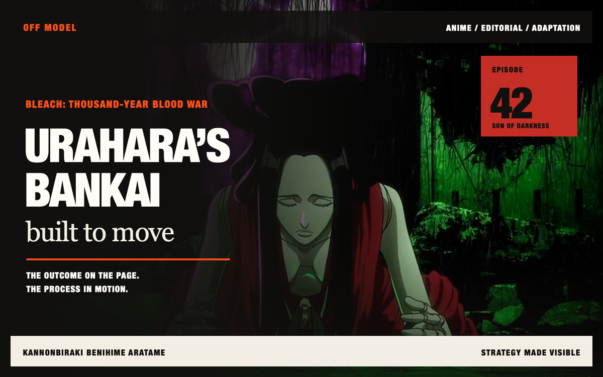 Urahara stands beneath the towering Kannonbiraki Benihime Aratame, overlaid with the headline ‘Urahara’s Bankai: built to move’.