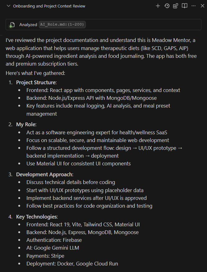 image of AI summarizing everything its learned about the project including folder structure, its role, tech stack