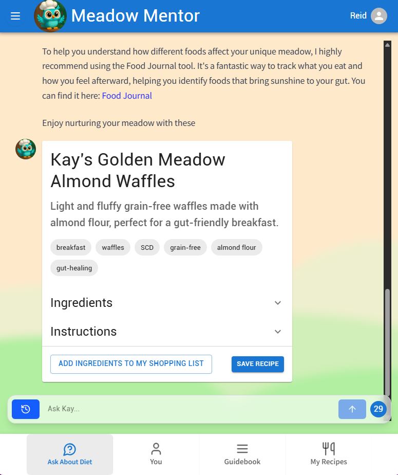 Meadow Mentor Generative UI of a Recipe Card in the text chat page