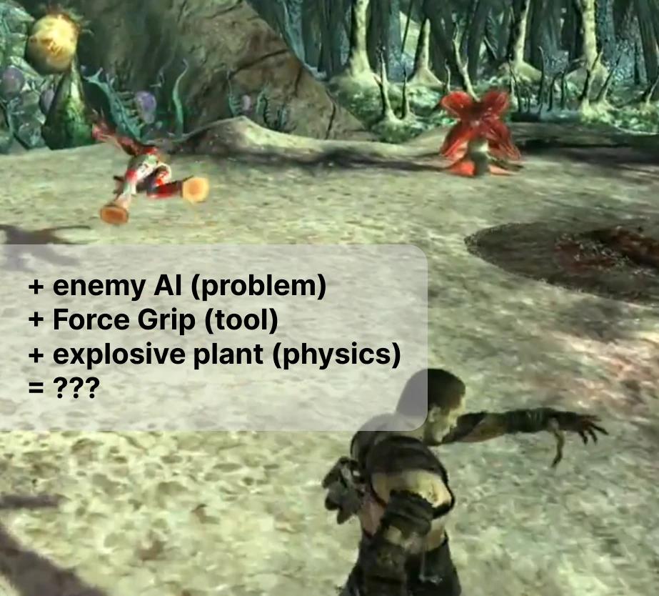 Star Wars: The Force Unleashed with text, "+ enemy AI (problem) + Force Grip (tool) + explosive plant (physics) = ???"