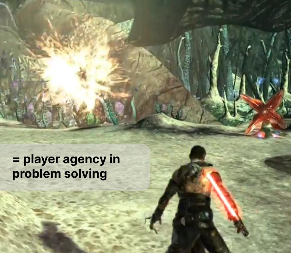 Star Wars: The Force Unleashed, a player used Force Grip to throw an enemy into an explosive plant. Text overlaid reads, "= player agency in problem solving"
