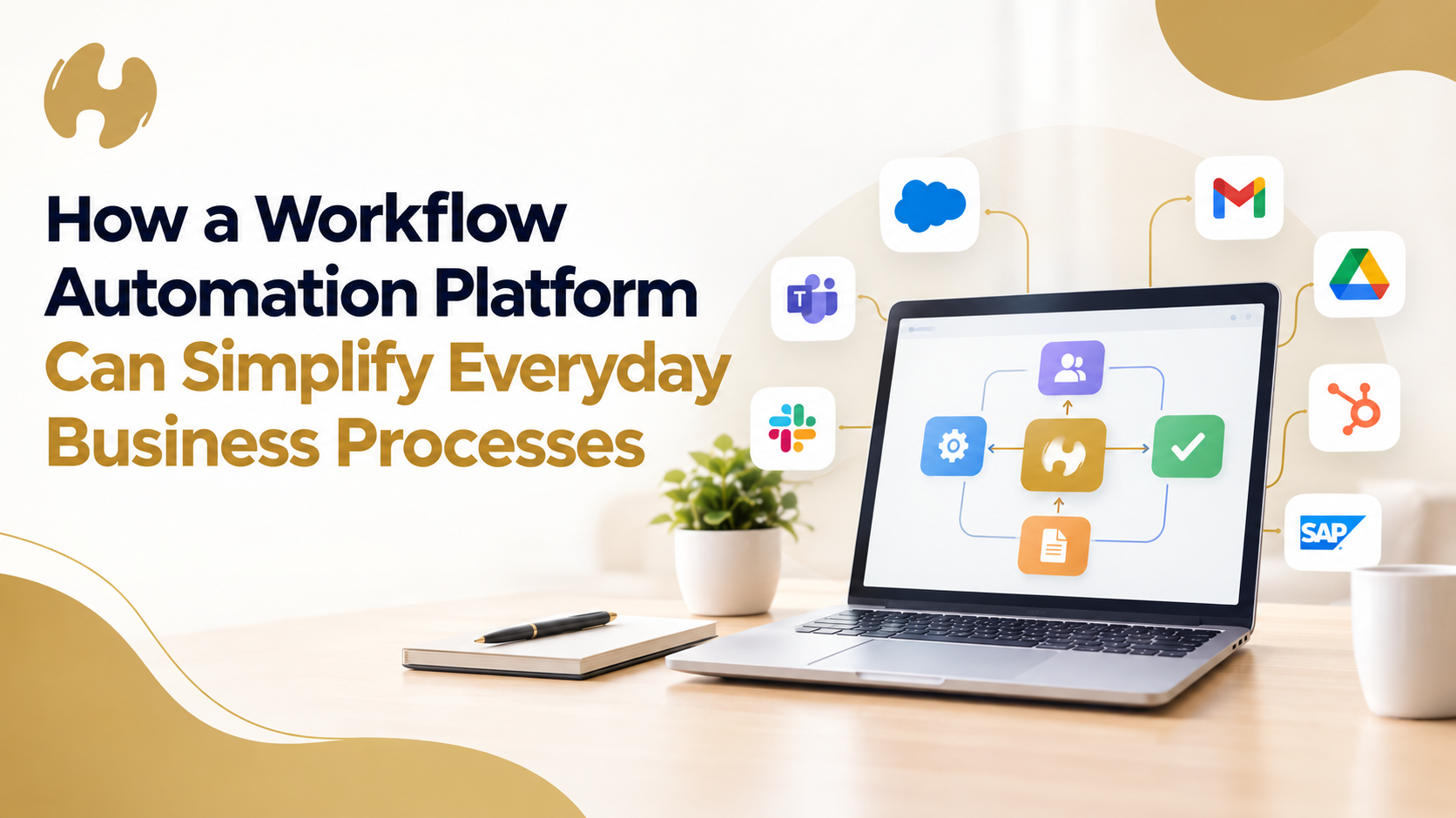 How a workflow automation platform can simplify everyday business processes: a laptop showing a connected workflow linked to Gmail, Google Drive, HubSpot, Salesforce, Slack, Microsoft Teams and SAP