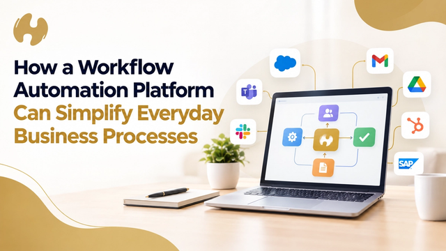 How a workflow automation platform can simplify everyday business processes: a laptop showing a connected workflow linked to Gmail, Google Drive, HubSpot, Salesforce, Slack, Microsoft Teams and SAP