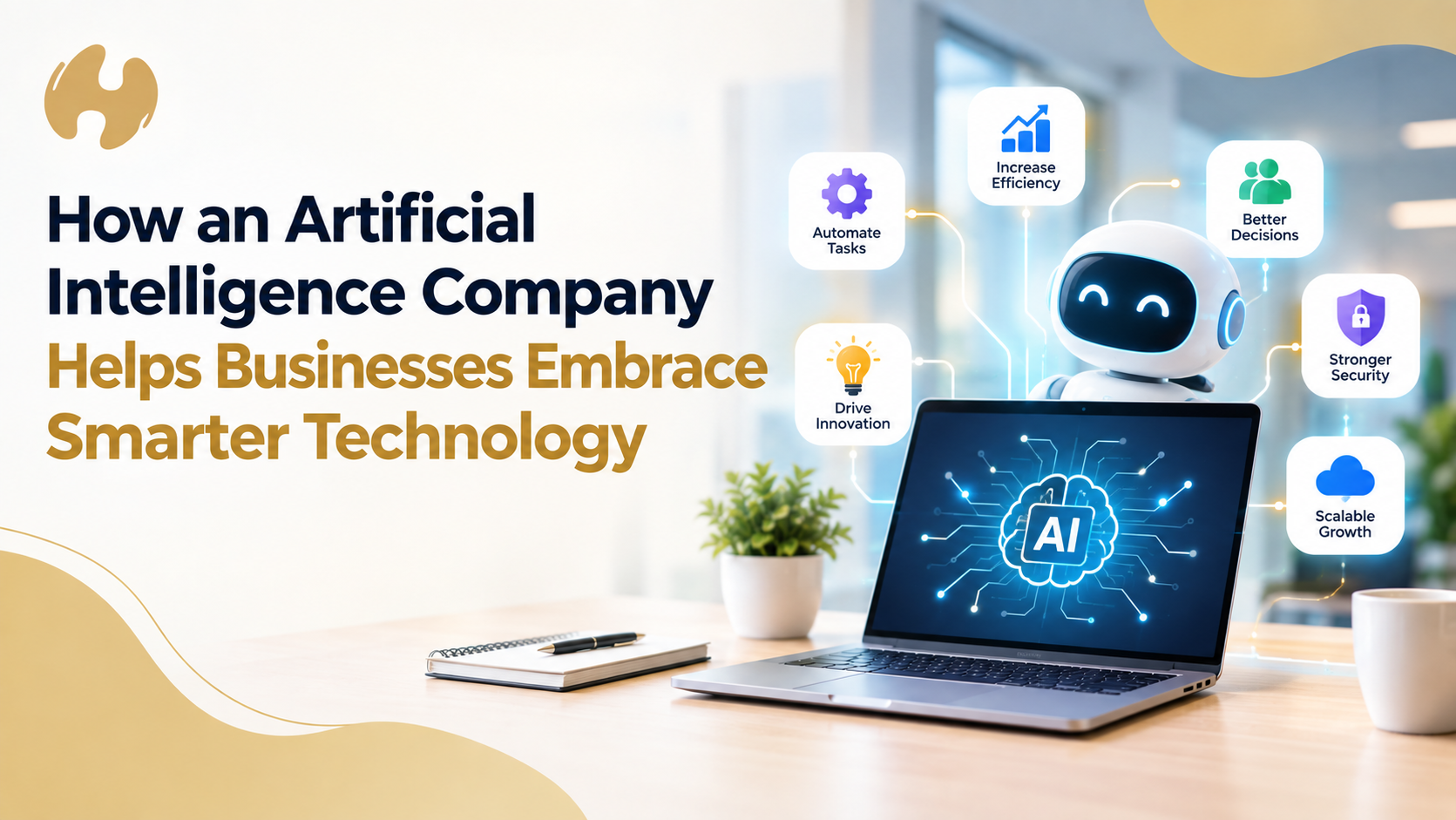 How an artificial intelligence company helps businesses embrace smarter technology: a laptop showing an AI brain, surrounded by icons for automated tasks, efficiency, better decisions, security and growth