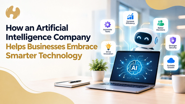 How an artificial intelligence company helps businesses embrace smarter technology: a laptop showing an AI brain, surrounded by icons for automated tasks, efficiency, better decisions, security and growth