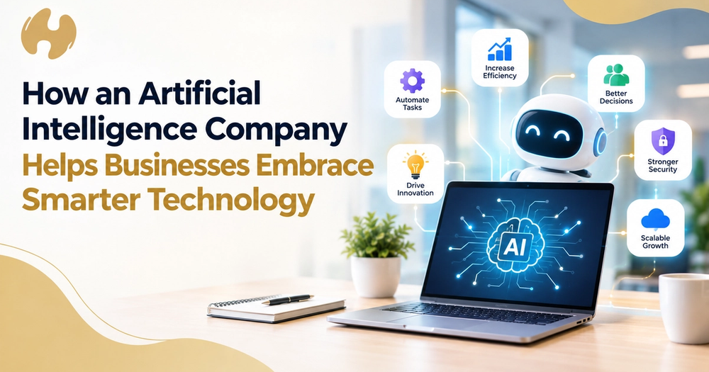 How an artificial intelligence company helps businesses embrace smarter technology: a laptop showing an AI brain, surrounded by icons for automated tasks, efficiency, better decisions, security and growth
