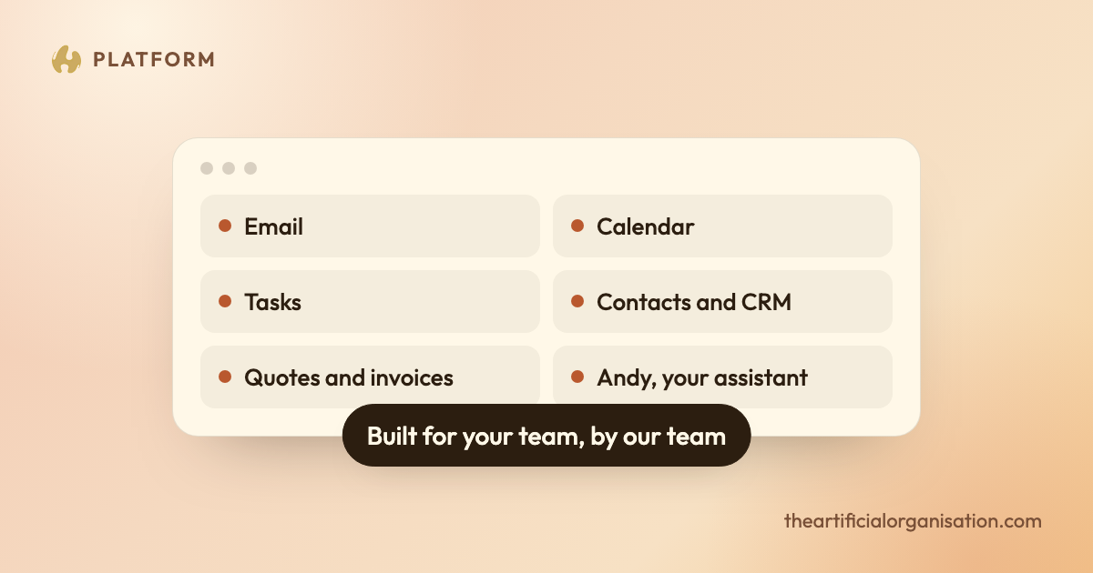 A TAO workspace window listing email, calendar, tasks, contacts and CRM, quotes and invoices, and Andy, your assistant, with the line built for your team, by our team